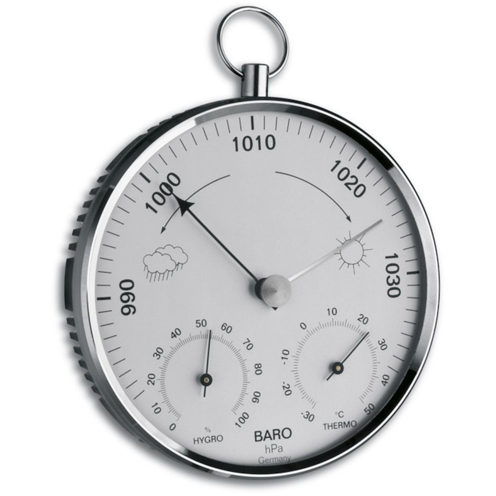TFA Chrome Barometer with Temperature & Humidity (13.5cm diameter) - dev-weathershop