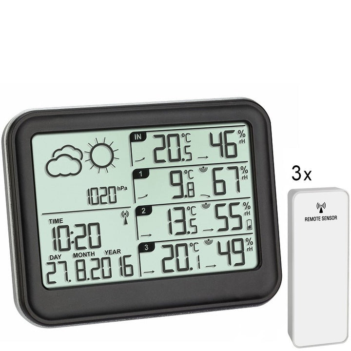 TFA View 35.1142.01 Wireless Weather Forecaster, Incl. 3 Wireless Temperature &amp; Humidity Sensors - dev-weathershop