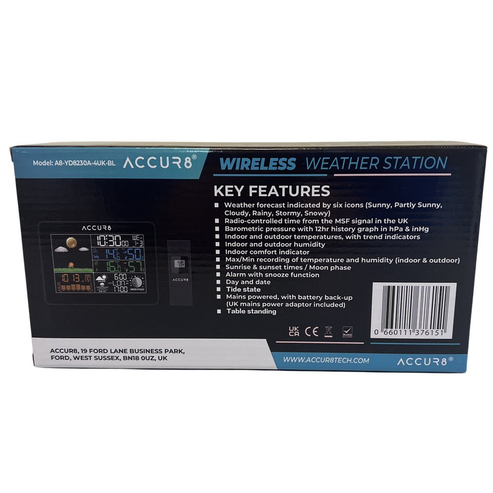 ACCUR8 YD8230A-4UK-BL Official UK Model with MSF Radio-controlled Time, Barometric Pressure Graph, Indoor/Outdoor Temp &amp; Humidity, Sunrise &amp; Sunset - dev-weathershop
