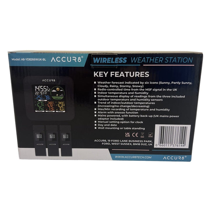 ACCUR8 YD8266WUK-BL Official UK Model with MSF Radio-controlled Time, Incl. 3 Wireless Temperature &amp; Humidity Sensors (black colour) - dev-weathershop