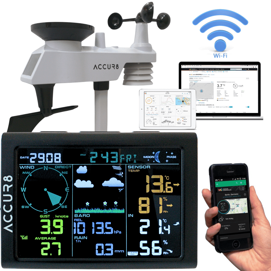 ACCUR8 DWS5100 5-in-1 Solar-Powered WiFi Weather Station with Weather Alerts - View Your Live Weather Data on Your Mobile Phone - dev-weathershop