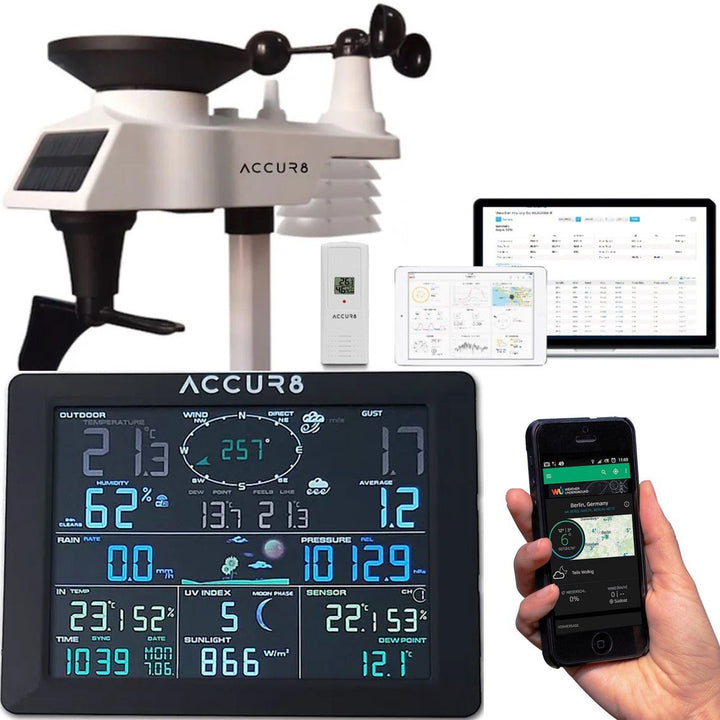 ACCUR8 DWS7100 7-in-1 Complete Solar-Powered WiFi Weather Station with Light Intensity, UV Monitoring &amp; Weather Alerts - dev-weathershop