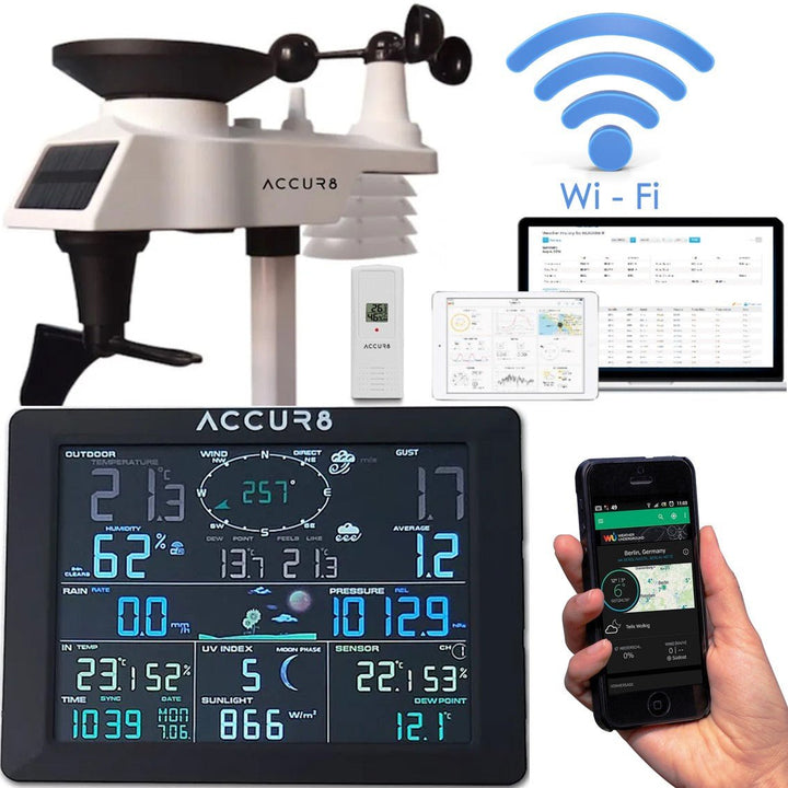 ACCUR8 DWS7100 7-in-1 Complete Solar-Powered WiFi Weather Station with Light Intensity, UV Monitoring &amp; Weather Alerts - dev-weathershop