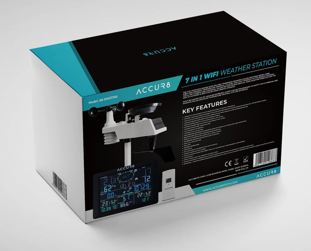 ACCUR8 DWS7100 7-in-1 Complete Solar-Powered WiFi Weather Station with Light Intensity, UV Monitoring &amp; Weather Alerts - dev-weathershop