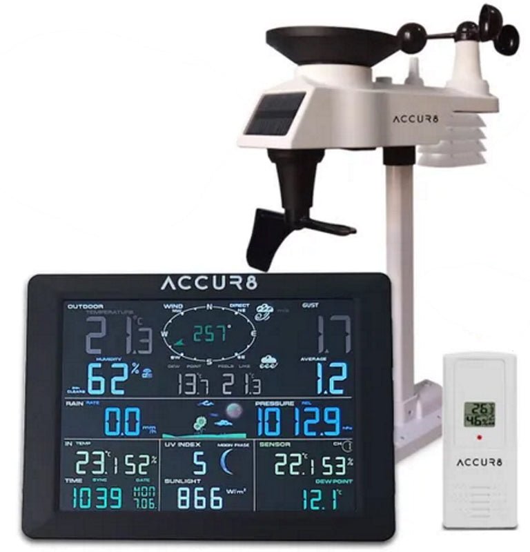 ACCUR8 DWS7100 7-in-1 Complete Solar-Powered WiFi Weather Station with Light Intensity, UV Monitoring &amp; Weather Alerts - dev-weathershop
