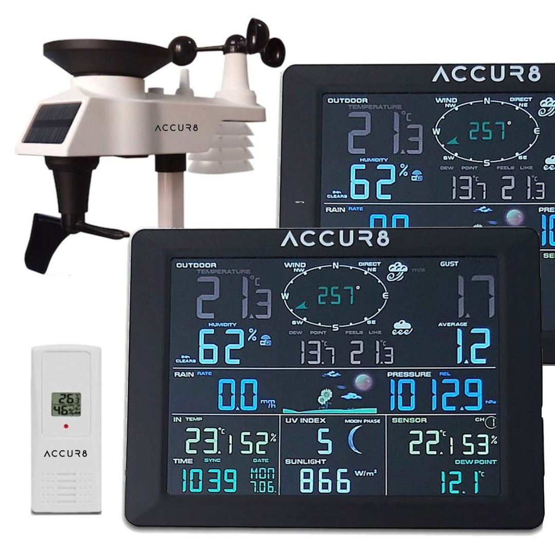 Two Screen Bundle - ACCUR8 DWS 7100 7-in-1 Complete Solar-Powered WiFi Weather Station with Light Intensity, UV Monitoring &amp; Weather Alerts - dev-weathershop