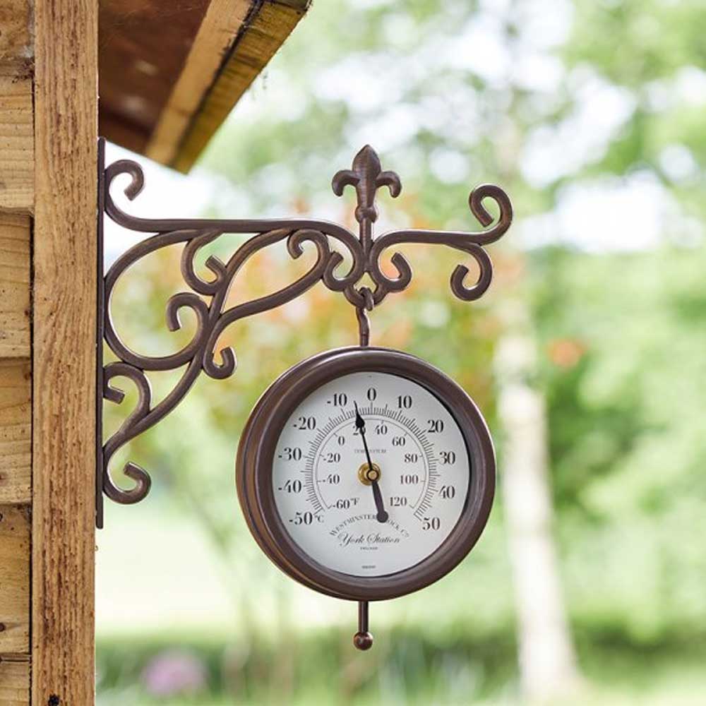 York Station Outdoor Wall Clock with Thermometer 28.5cm (size inc bracket) - dev-weathershop